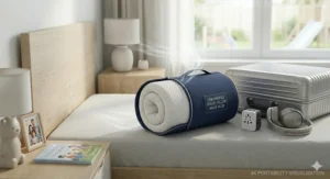 A low profile travel pillow rolled tightly into a navy blue carry case next to a suitcase, showcasing its portability.