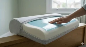 An illustration of a cervical pillow with a cooling gel layer for temperature regulation during sleep.