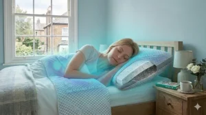 An illustration of airflow technology and cooling gel layers designed to regulate temperature for UK sleepers.