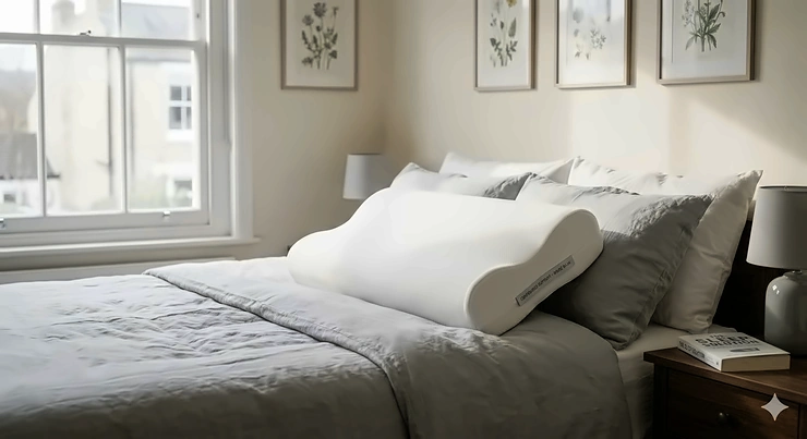 An orthopaedic contoured pillow for back pain relief positioned on a double bed in a modern British bedroom with natural light. contoured pillow for back pain