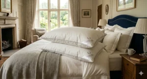 Two luxury pillows stacked neatly on a bed, recreating the look and feel of a boutique five-star London hotel.