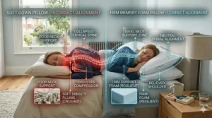 A simple three-step visual guide on how to plump a synthetic pillow to maintain its shape and support for side sleeping.