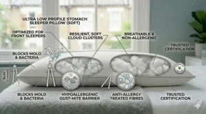 Illustration of anti-allergy fibres and a hypoallergenic barrier used in a soft pillow to ensure a clean sleeping environment.