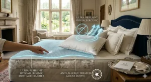 A descriptive icon highlighting the anti-allergy and dust mite resistant properties of a luxury pillow, suitable for sensitive sleepers.