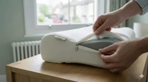 Illustration of a removable, hypoallergenic bamboo cover being zipped onto an orthopaedic pillow.