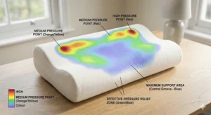 A pressure relief heatmap overlay on a contoured pillow showing maximum support zones for neck and back pain relief.