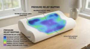 Technical pressure mapping diagram of an orthopaedic pillow highlighting support areas in deep blue and green for back sleepers.
