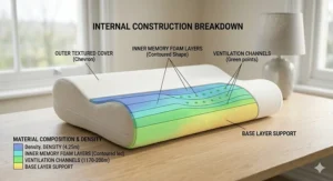 Cutaway illustration showing the internal memory foam layers and ventilation channels of a contoured pillow for cooling.