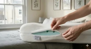 A close-up of a person unzipping a removable, machine-washable cotton cover on a contoured pillow with a UK manufacturing label.