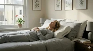 A photorealistic view of a contoured pillow for back pain in a bright British home setting with a traditional sash window.