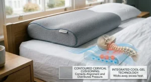 Comparison showing how a pillow that is too high causes neck strain and poor posture for back sleepers.