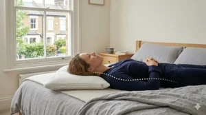 A back sleeper using a thinned-out adjustable pillow to prevent neck strain, showing a lower loft profile.