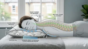 Side view illustration of a thin, low-profile pillow designed to prevent neck strain for those who sleep on their front.