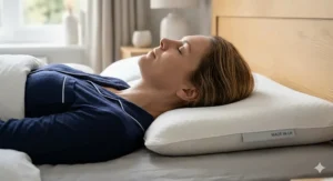 A side-view illustration showing perfect neck and spinal alignment for a back sleeper using a thin low profile pillow.
