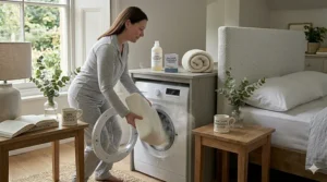A woman placing a pillow into a front-loading washing machine, demonstrating easy-care and machine-washable features.