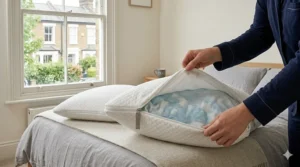 Graphic showing a removable, machine-washable cotton cover being zipped off an adjustable pillow for easy cleaning.