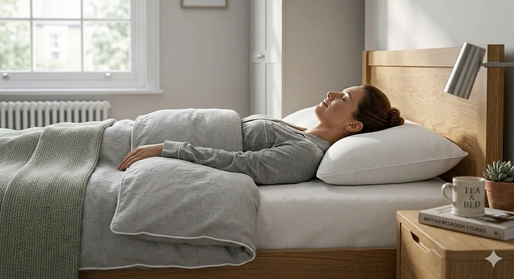 A person resting comfortably on a medium firm pillow designed for back sleepers in a modern British bedroom setting. medium firm pillow back sleeper