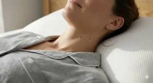 Close-up of a person's neck supported by a medium loft pillow to prevent strain while sleeping on the back.