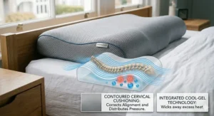 A contoured memory foam pillow designed to cradle the head and neck for those who sleep on their backs.