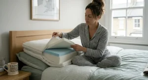Internal cross-section of a hybrid pillow for combination sleepers featuring memory foam and microfibre layers.