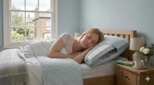 Exploded view of a breathable memory foam pillow with adjustable layers for customised firmness and height.