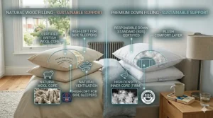 An eco-friendly illustration featuring natural wool and down fillings used by premium British pillow brands for sustainable side-sleep support.
