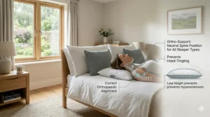 An orthopaedic diagram showing how a low profile pillow ensures a neutral spine position and prevents neck hyperextension.