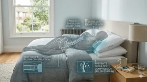 A detailed illustration showing how a deep-sided box-walled pillow prevents shoulder compression for people who sleep on their side.