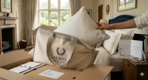 A luxury pillow presented in a sustainable fabric storage bag, highlighting a premium unboxing experience for UK customers.