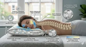 Graphic highlighting the soft, cushioning effect of down-alternative fibre fill on the face and jaw for pressure relief.