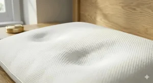 A luxury medium firm pillow for back sleepers positioned in a bright, naturally lit room.