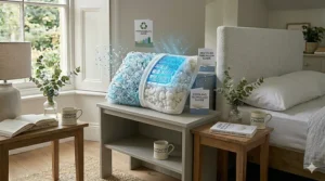 An illustration of a sustainable budget pillow made from recycled fibres, showing the internal eco-friendly materials.