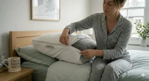 A person unzipping a machine-washable 100% cotton cover from a combination sleeper pillow.