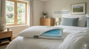 Close-up of the quilted pillow cover being unzipped to reveal the internal cooling gel memory foam layer.