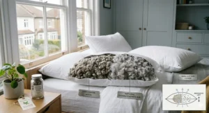 A high-quality Shropshire wool or feather and down pillow providing natural loft and support for back sleeping.