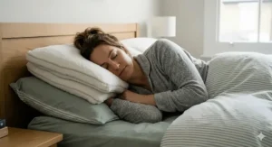 A person sleeping on their side using a pillow for combination sleepers to maintain spinal alignment.