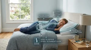 An informative diagram showing correct spinal alignment for a side sleeper using a firm contoured pillow to support the neck and shoulders.