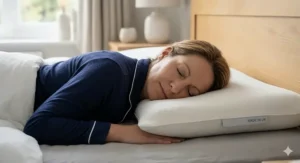 A woman sleeping comfortably on her front using a low profile pillow that prevents neck over-extension.