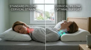 Comparison chart showing the posture difference between a flat standard pillow and a supportive cervical pillow.