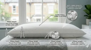 Simple schematic showing standard UK pillow dimensions and the slim 7cm depth suitable for stomach sleepers.