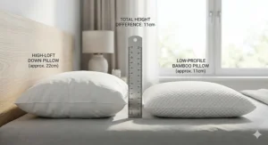 A side-by-side height comparison between a 22cm high-loft down pillow and an 11cm low profile bamboo pillow.