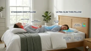 A detailed infographic comparison in a British bedroom showing two side views of a person sleeping on their stomach. The standard deep pillow is labelled with 'NECK STRAIN' and 'SPINAL MISALIGNMENT', while the ultra-slim thin pillow is labelled with 'NEUTRAL SPINE' and 'OPTIMAL ALIGNMENT'.