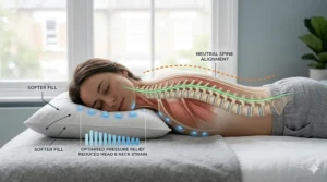 Diagram showing how a soft pillow for stomach sleepers keeps the spine and neck in a neutral position for healthy alignment.