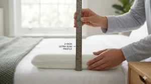 A close-up, photorealistic shot in a British bedroom shows a woman's hands measuring the precise 2-inch ultra-slim depth of a memory foam pillow with a steel carpenter's rule, highlighting its low-profile design against a light oak bedside table.