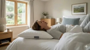 A person sleeping on their back using a super slim pillow to provide subtle support without tilting the head forward.