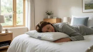 A person sleeping on their front using an ultra thin pillow to maintain healthy spinal alignment in a bright bedroom.