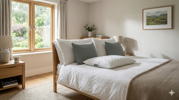 A premium ultra thin pillow on a neatly made bed with organic cotton sheets in a modern British home. ultra thin pillow