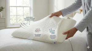 A high-detail close-up in a British bedroom shows a woman pulling back the soft, quilted bamboo-derived rayon cover of the thin pillow. Subtle icons show 'MACHINE WASHABLE at 40°C' and 'ALLERGEN BARRIER' for hypoallergenic care.