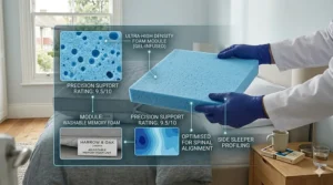 A lifestyle illustration of a washable memory foam pillow with a removable quilted cover, suitable for British side sleepers prioritising hygiene.