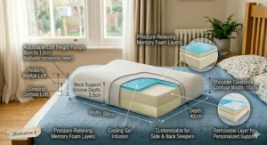 Technical diagram showing adjustable loft heights and metric dimensions for a customisable pillow for chronic neck pain.